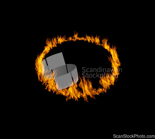 Image of Circle flame, heat and light on black background with texture, pattern and burning energy. Orange fire, fuel and flare isolated on dark wallpaper design with sun explosion, thermal power or inferno.