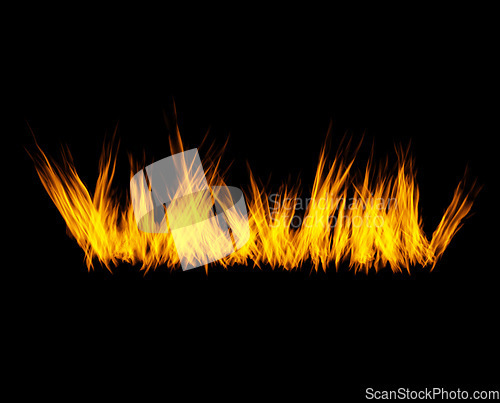 Image of Flame, heat and sparks on black background with texture, pattern and orange burning energy. Fire line, fuel and flare isolated on dark wallpaper design, explosion at bonfire, thermal power or inferno