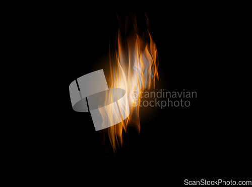 Image of Orange flame, heat and isolated on black background with texture, pattern and burning energy. Fire line, fuel and light flare on dark wallpaper design, explosion at bonfire, thermal power or inferno.