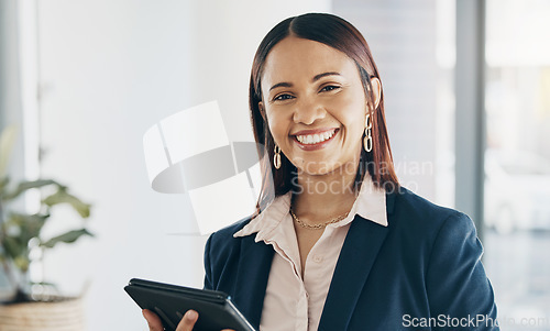 Image of Portrait, woman in office with smile and tablet for email, HR schedule or online recruitment. Internet, networking and communication on digital app, happy businesswoman at human resources agency.