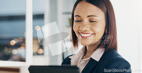 Image of Happy woman in office, tablet and reading email, HR schedule or online recruitment website. Internet, networking and communication on digital app, businesswoman with smile at human resources agency