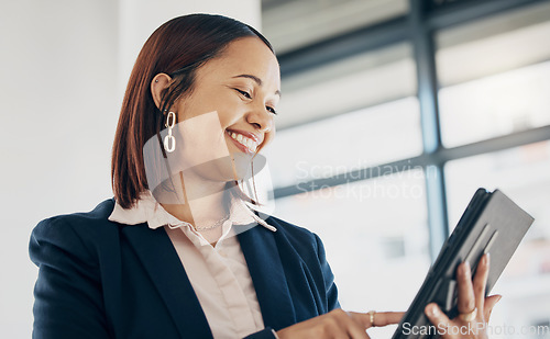 Image of Woman in office with smile, tablet and scroll on email, schedule or report online for feedback. Internet, networking and communication on digital app, happy businesswoman at human resources agency.