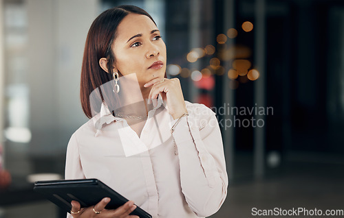 Image of Woman in office thinking with tablet, night and ideas for HR schedule and online feedback in overtime. Internet, networking and digital insight, businesswoman in late work at human resources agency.