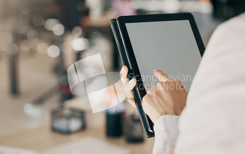 Image of Screen, blank tablet and business woman hands for click, planning or scroll with mockup space in office. Entrepreneur, employee and digital touchscreen for data analysis, app or schedule in workplace
