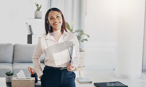 Image of Happy, smile and portrait of businesswoman in the office with positive, good and confident attitude. Happiness, creative career and young female designer from Colombia standing in modern workplace.