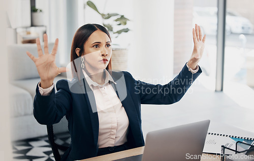 Image of Invisible screen, hands and woman in office with virtual, tech and futuristic hologram for ai or programming work in business Cyber, ux and entrepreneur in corporate workplace with vr dashboard