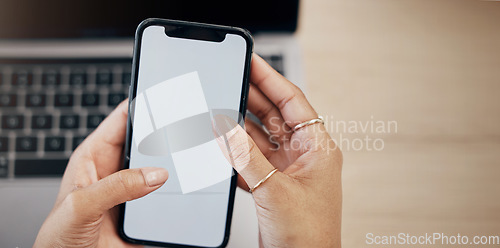 Image of Hands, blank phone screen and business woman with click, mobile app and mock up space in office. Entrepreneur, employee and smartphone with typing, scroll and check email notification in workplace