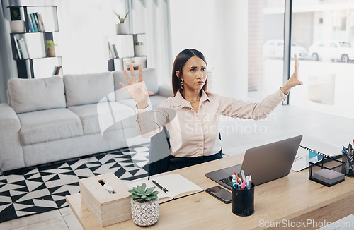 Image of Digital, invisible screen and business woman in office with hands in hologram, virtual tech or ai programming technology. Futuristic, ux and entrepreneur with innovation in corporate workplace