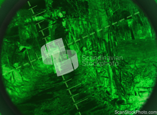 Image of Night vision, military scope and soldiers of a army outdoor with security at war with green light. Search, surveillance and government with mission and target with agency working of spy and sniper