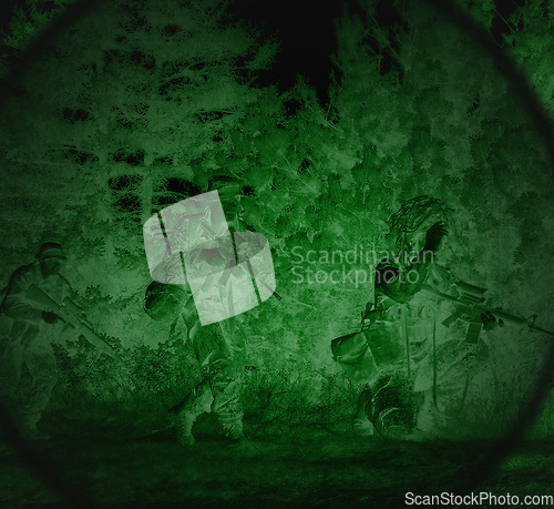 Image of Night vision, military and soldiers of army outdoor with security at war with green light. Search, surveillance and teamwork with scope and mission with agency working of spy job and sniper target