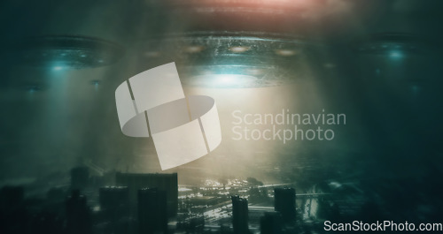 Image of City, night and ufo in sky, spaceship and surreal alien invasion outdoor. Future, flying saucer and spacecraft in urban town, extraterrestrial drone in flight and UAP over cityscape, metro and cbd