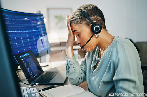 Image of Headache, stress and woman in call center, fatigue or burnout at help desk office. Pain, migraine and tired African consultant frustrated at customer, fail telemarketing challenge or financial crisis