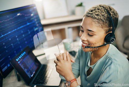 Image of Woman, call center and stock market consulting with business and trading or investment agent on computer screen. Consultant, business trader or african person talking advice, networking and sales