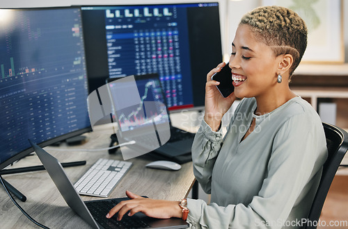 Image of Happy woman, phone call and broker consulting in trading, cryptocurrency or online advice at office. Female person, consultant or financial advisor talking on mobile smartphone for stock market help