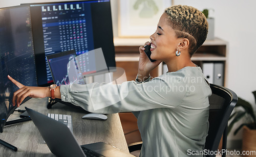 Image of Happy woman, phone call and consulting on stock market, trading or online finance at office. Female person, broker or financial advisor talking on mobile smartphone for advice, help or investment