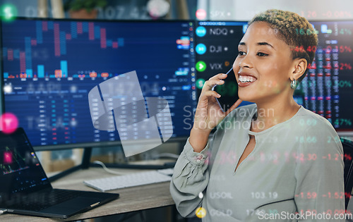 Image of Happy woman, phone call and broker consulting stock market trends, overlay or discussion at office. Female person or financial advisor smile talking on mobile smartphone for finance, profit or loss
