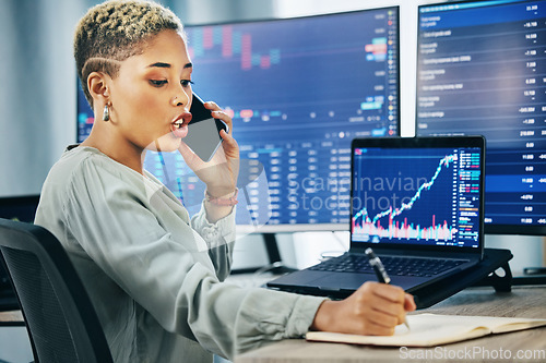 Image of Business woman, phone call and writing on stock market, consulting or trading discussion in online finance at office. Female person, broker or financial advisor talking on mobile smartphone in advice
