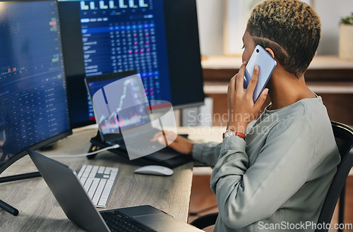 Image of Business woman, phone call and trading on stock market in consulting, online advice or discussion at office. Female person, financial advisor or broker talking on mobile smartphone for finance growth