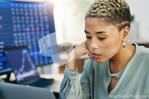 Image of Laptop, stock exchange and business woman reading investment data, trading market analytics or crypto insight. Economy, metrics and professional broker analysis of financial numbers, chart or graphs