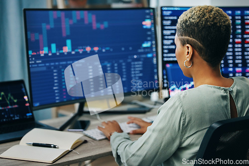 Image of Computer screen, stock market and business person reading, typing or work on IPO equity, trade analytics or cryptocurrency. Data analysis, workplace and back of corporate broker review finance stats