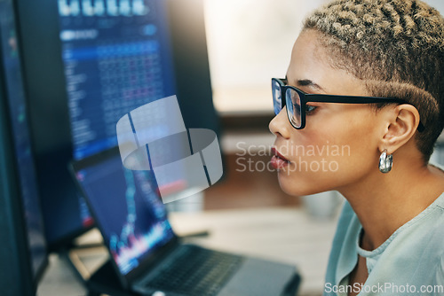 Image of Computer, stock market and face of professional woman reading IPO equity, investment or cryptocurrency. Data analysis, administration and corporate broker, accountant or NFT investor monitor stats