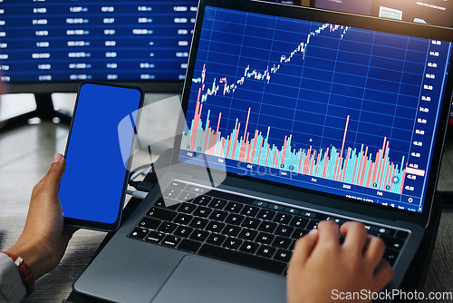 Image of Person, hands and phone mockup for stock market trading or finance statistics of data, graph or chart at office. Closeup of employee, broker or financial advisor on smartphone and laptop in marketing