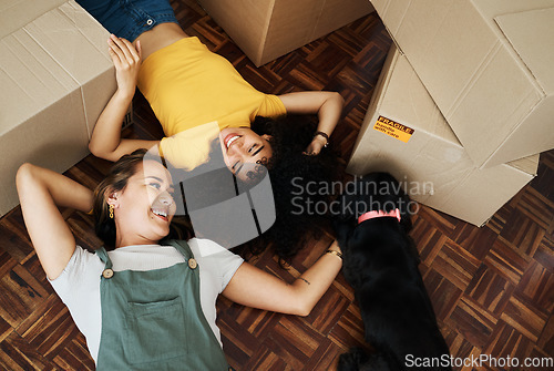 Image of Lesbian couple, moving and boxes on floor with dog in home, living room or lgbt people relax together with puppy or pet. Love and happiness in new house or above women with animal or property