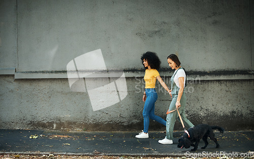 Image of Walking, women and lesbian couple with dog in city, street or holding hands with pet on lead and wall, mockup or urban space. Lgbt, people and journey with animal for exercise, wellness or happiness