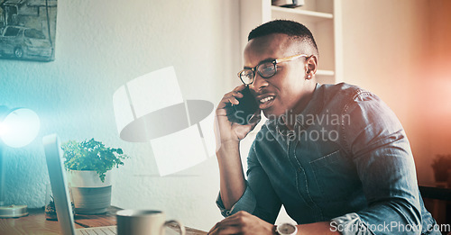 Image of Businessman, phone call and communication for technical support, contact or problem solving in office for 404, error or mistake. Virtual assistant, talking or man on smartphone with faq or questions