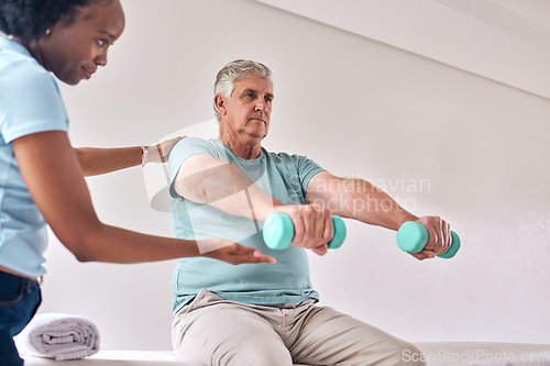 Image of Physiotherapy, exercise and old man with dumbbell for wellness and muscle training on bed with woman in room. Healthcare, physiotherapist and senior with workout for healing help, support and fitness