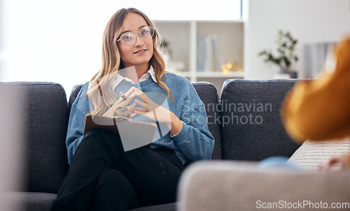 Image of Counseling, therapy and woman therapist talking to client in a consultation or psychology conversation for mental health. Communication, support and professional Psychologist help person with advice