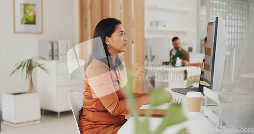 Image of Business woman, office and computer for advertising agency, target audience research and check website sales. Professional worker, employee or agent search for online b2b clients or inbound marketing