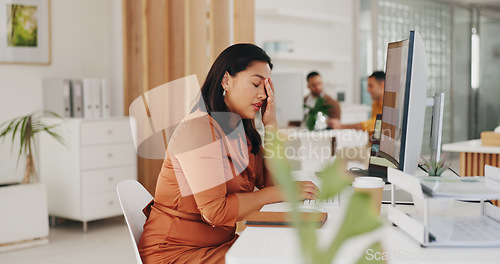 Image of Business woman, headache and stress on computer of marketing mistake, research fatigue and website fail or error. Tired worker or employee with depression, pain or sad for company social media crisis