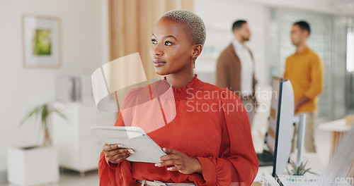 Image of Professional black woman, tablet and designer thinking of creative inspiration plan, online development or agency research. Brainstorming, African business person and problem solving project solution