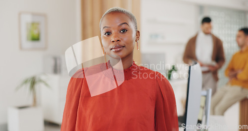 Image of Corporate job, portrait and a black woman in the office for business or project management. Work, career and an African employee or female worker in the workplace for professional confidence