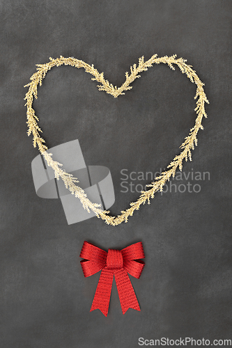 Image of Festive Christmas Gold Heart Wreath and Red Bow
