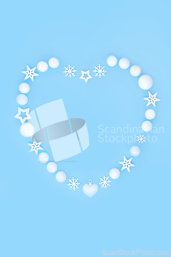 Image of Christmas Heart Shape Wreath of White Snowflakes Stars and Balls