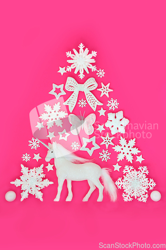 Image of Christmas Tree Abstract with Unicorn and White Ornaments