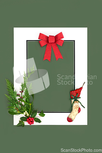 Image of Christmas Eve Background Frame with Stocking Flora and Red Bow
