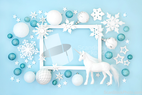 Image of Magical Christmas Unicorn North Pole Background Border Frame