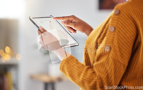 Image of Woman, hands and tablet with data analysis, connection and information for digital marketing with bokeh. Technology, person and screen with internet for business, research and analytics or charts