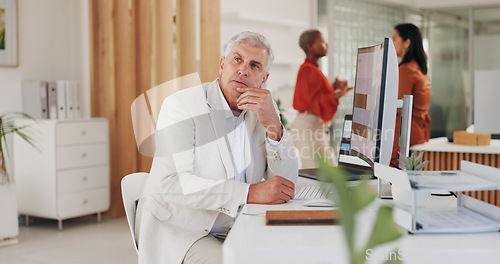Image of Computer, thinking and senior man with business, office or solution with leader, professional or decision. Mature person, workplace or manager with opportunity, pc and corporate with internet or idea