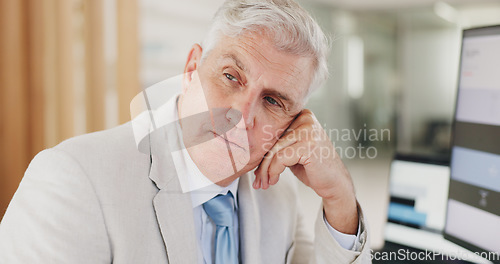 Image of Business man, thinking and vision or idea on computer for company profit, financial investment or stock market. Corporate CEO, executive or boss with trading problem, solution or decision in office