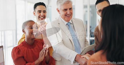 Image of Business people, applause and shaking hands for teamwork success, collaboration and project congratulations. Marketing group, manager handshake and clapping for deal, thank you and winner in office