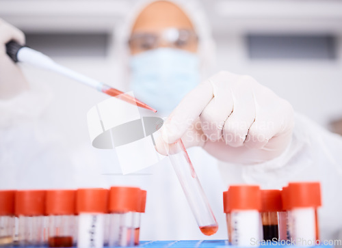 Image of Blood, dropper or hands of scientist in a lab for science with innovation, dna and rna research. Hazmat, analysis closeup or expert working on liquid for chemistry, future or breakthrough cure