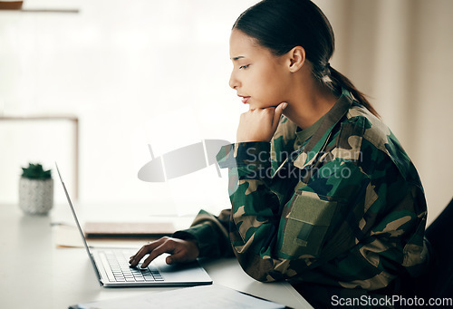 Image of Military, war and woman with a laptop, thinking and connection with network, website information and surveillance. Soldier, employee and veteran with a pc, communication and problem solving research