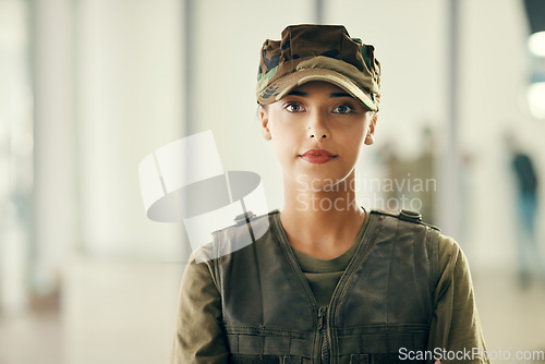 Image of Army, serious and portrait of woman soldier with confident, pride and respect for service. Safety, security and face of female military veteran warrior in uniform with courage for agency protection.