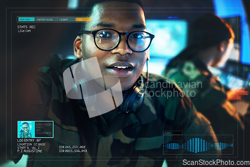 Image of Record, military and portrait of black man on camera for surveillance, tracking operation and army. Control room, government and soldier on live streaming overlay online for duty, service and report