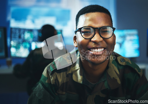 Image of Military, surveillance and happy portrait of man in cybersecurity, control room and government communication office. Army, employee and smile on face with pride, confidence and working in spy tech