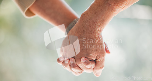 Image of Holding hands, support and senior couple with love, care and trust together with hope for health in a home. Romance, bonding and elderly people with kindness and solidarity on retirement date